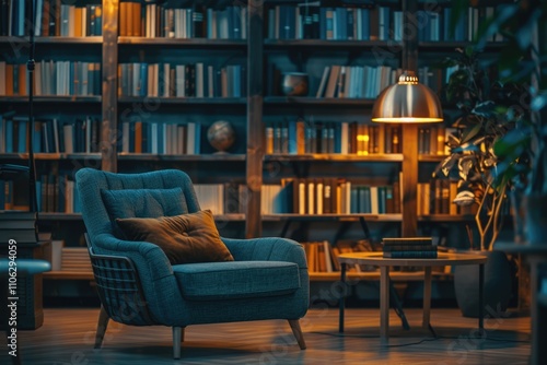 Blurry modern reading room with cozy furniture for family living.