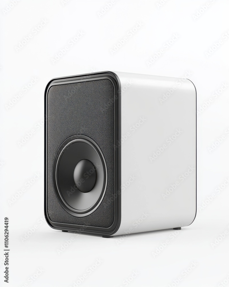 A sleek white subwoofer speaker with a minimalist design, ideal for contemporary audio setups. A sleek white subwoofer speaker with a minimalist design, ideal for contemporary audio setups.