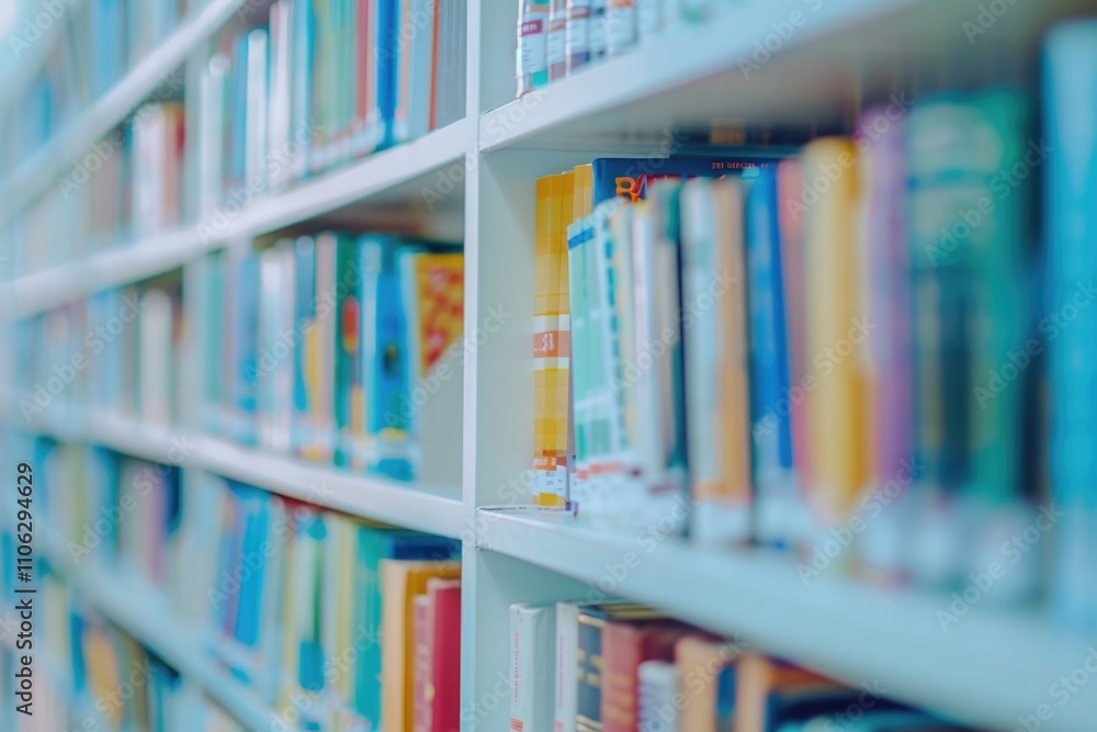 Blurred modern white bookshelves with books in library. Education concept.