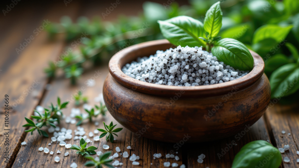 Bowl of celtic sea salt with herbs on rustic table. Bowl of celtic sea salt with herbs on rustic table.