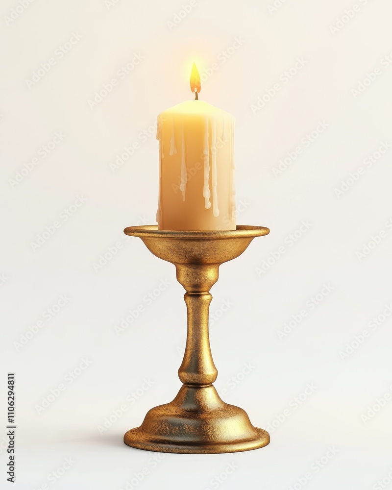 A golden candlestick holding a lit ivory candle, creating a warm and inviting atmosphere. A golden candlestick holding a lit ivory candle, creating a warm and inviting atmosphere.
