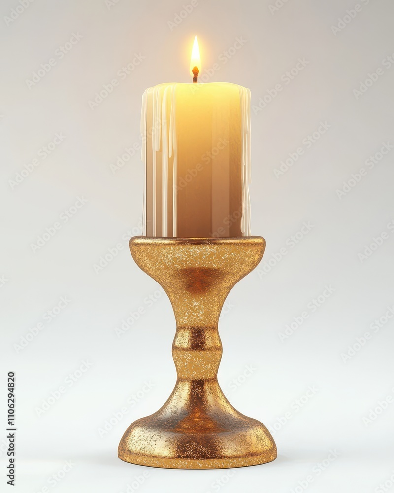 A lit cream-colored candle on a shimmering gold candlestick, radiating warmth and tranquility. A lit cream-colored candle on a shimmering gold candlestick, radiating warmth and tranquility.