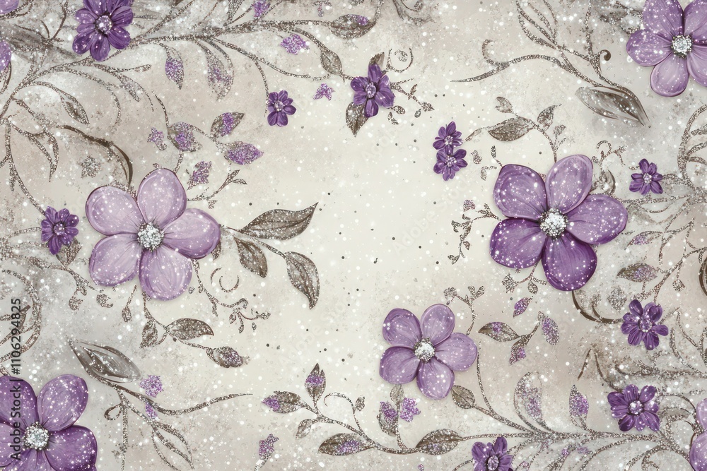 An intricate floral pattern with lavender blossoms and silver accents, sparkling with glitter and a delicate grunge overlay. An intricate floral pattern with lavender blossoms and silver accents, sparkling with glitter and a delicate grunge overlay.