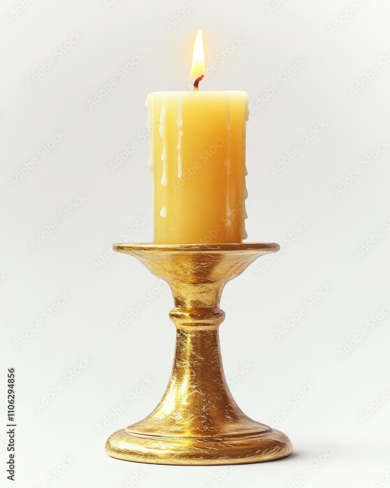 A lit yellow candle in a gold holder, casting a warm glow against a soft, neutral background. A lit yellow candle in a gold holder, casting a warm glow against a soft, neutral background.