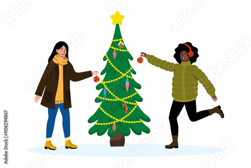 Friends decorate a Christmas tree together in a festive celebration during winter season