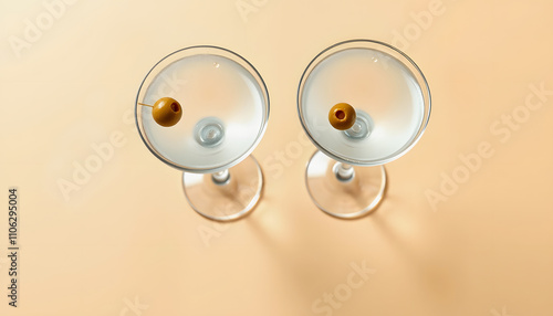 Top view of two martini cocktails with olives on beige background, panoramic shot isolated highlighted by white, png photo