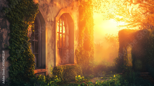 A forgotten facade, overgrown with verdant vines, bathed in the warm glow of a golden sunset, whispers tales of a bygone era. Verdant. Illustration