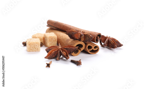 Fototapeta Naklejka Na Ścianę i Meble -  Different aromatic spices isolated on white. Christmas season