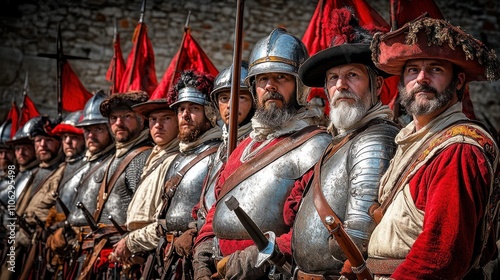 Re-enactors in 17th-century military attire stand in formation.