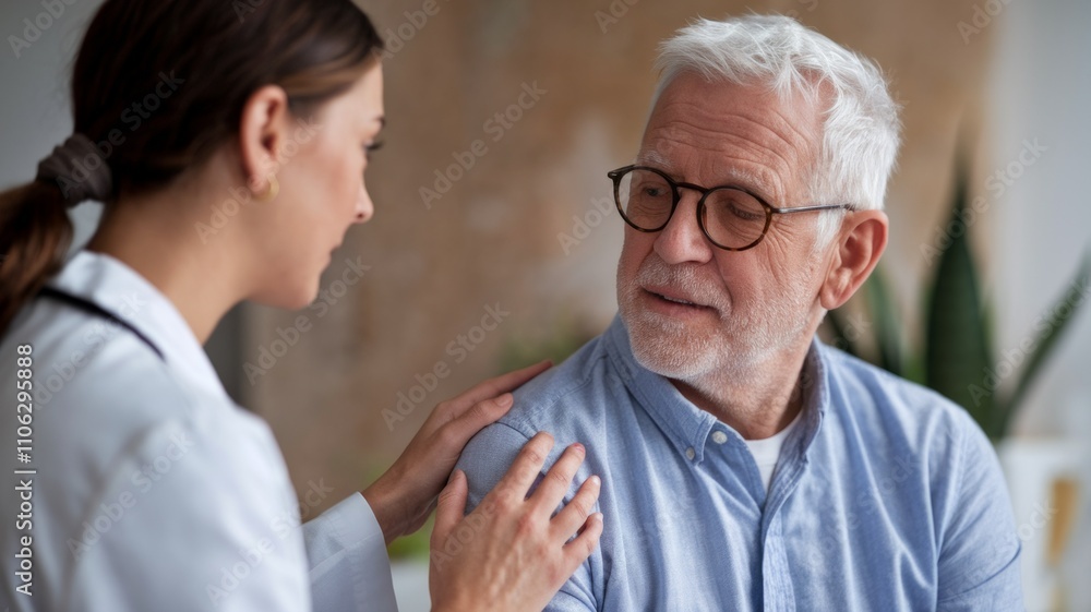 An empathetic scene in a well-lit medical office, with a female doctor in a white coat gently placing her hand on a patient's shoulder, offering comfort and reassurance. Generative AI An empathetic scene in a well-lit medical office, with a female doctor in a white coat gently placing her hand on a patient's shoulder, offering comfort and reassurance. Generative AI