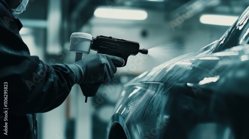 Bright lights illuminate the workspace where a skilled technician meticulously sprays paint onto a sleek car's exterior, showcasing precision and attention to detail.