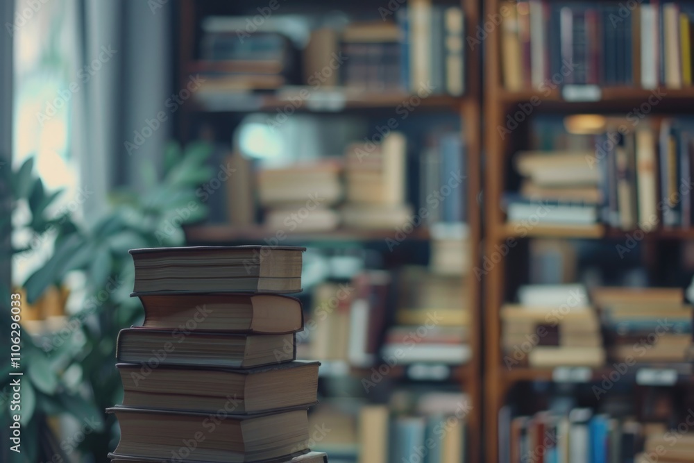 Library room with book stack and blurred bookshelf for business and education background. Library room with book stack and blurred bookshelf for business and education background.