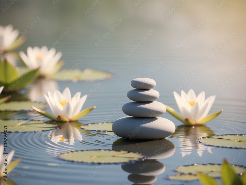 A Stack of Stones in a Serene Pond with White Water Lilies. A Stack of Stones in a Serene Pond with White Water Lilies.
