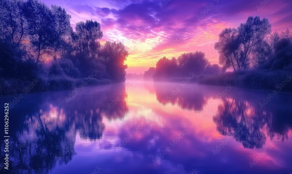 Fototapeta premium Serene river at dawn with vibrant reflections, misty landscape, colorful sky, trees lining banks, tranquil water surface
