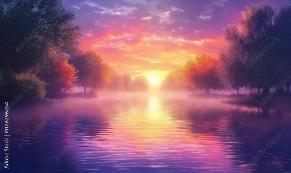Obraz premium Sunset reflection over tranquil river, vibrant colors, misty atmosphere, trees lining banks, serene landscape