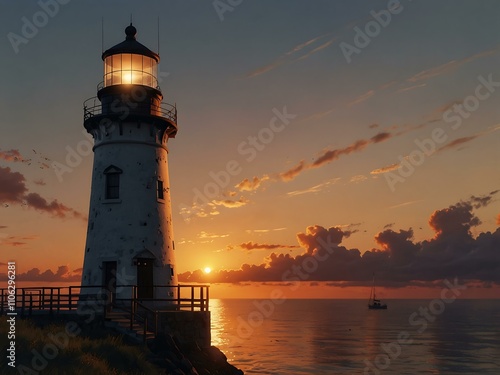 Wallpaper Mural Lighthouse at sunset, captured in AI-generated art. Torontodigital.ca