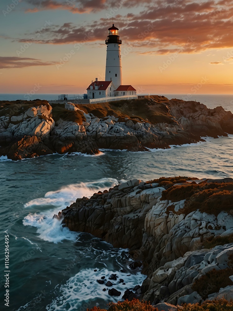 Naklejka premium Lighthouse on rocky cliffs at sunset by the ocean.
