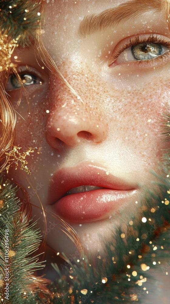 A close-up of a woman's face surrounded by festive greenery and golden sparkles, AI A close-up of a woman's face surrounded by festive greenery and golden sparkles, AI