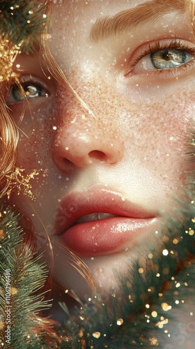 A close-up of a woman's face surrounded by festive greenery and golden sparkles, AI