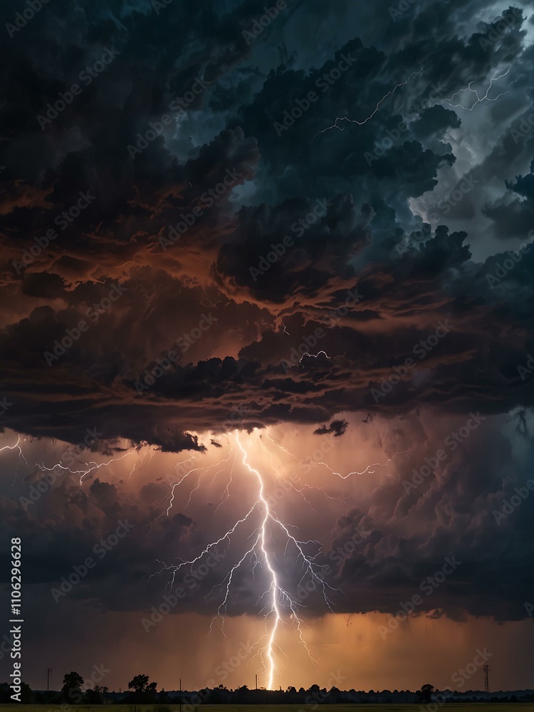 Fototapeta premium Lightning bolt cutting through a dramatic sky at sunset.