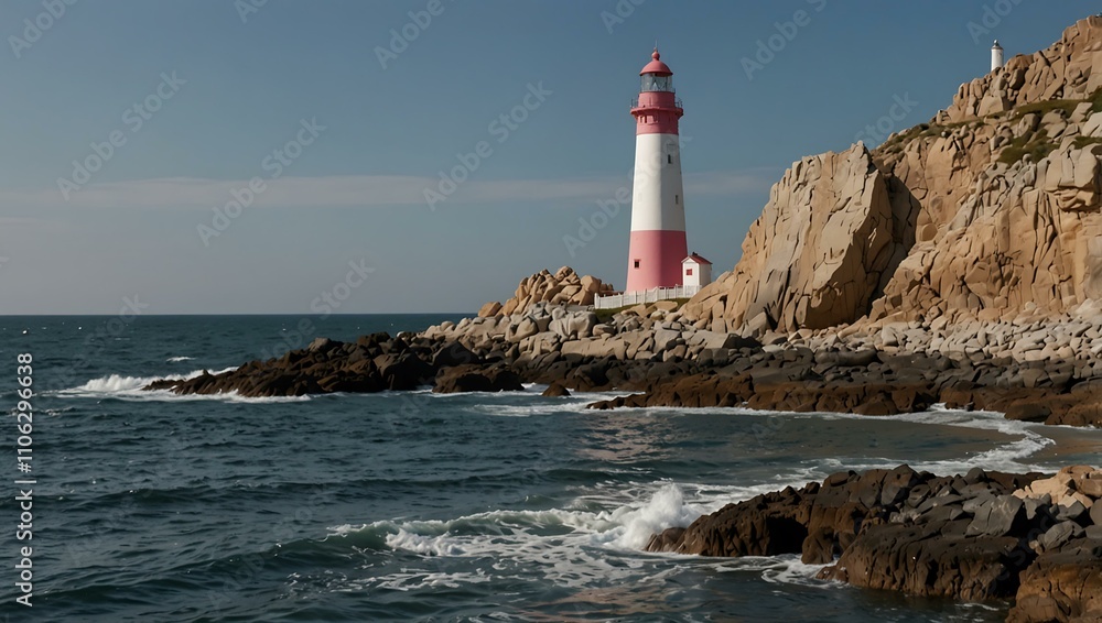 Lighthouse with a pink and white tower on a rocky shore.