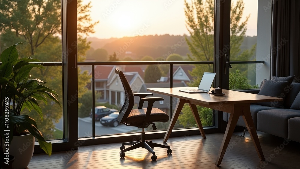 Fototapeta premium A modern balcony workspace with a sleek desk, ergonomic chair, laptop, and a large plant. Overlooking a peaceful suburban neighborhood of trees and rooftops, bathed in warm, soft sunlight