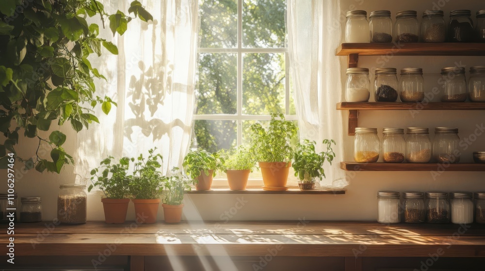Bright kitchen with potted herbs. Bright kitchen with potted herbs.