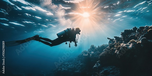 A diver exploring the underwater world. AI.