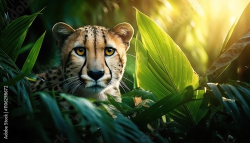  cinematic filter Cute cheetah peeking out from behind large leaves in the jungle, hyperreal