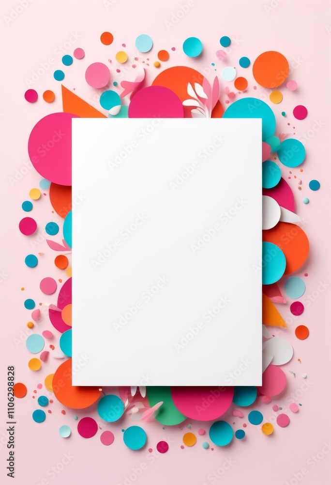 Ein lebendiges Design mit einer weißen Karte, umgeben von bunten Papierformen und Konfetti auf rosa Hintergrund. Perfekt als Mockup für Geburtstags- oder Grußkarten. Generative KI. Ein lebendiges Design mit einer weißen Karte, umgeben von bunten Papierformen und Konfetti auf rosa Hintergrund. Perfekt als Mockup für Geburtstags- oder Grußkarten. Generative KI.