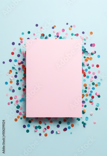 Ein minimalistisches Design mit einer rosa Karte, umgeben von buntem Konfetti auf hellblauem Hintergrund. Perfekt als Mockup für Geburtstags- oder Grußkarten. Generative KI.