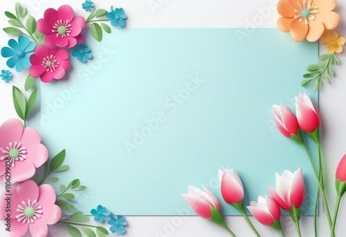 Ein frühlingshaftes Design mit einer blauen Karte, umrahmt von rosa Papierblumen, Tulpen und grünen Blättern. Perfekt als Mockup für Gruß- oder Geburtstagskarten. Generative KI.