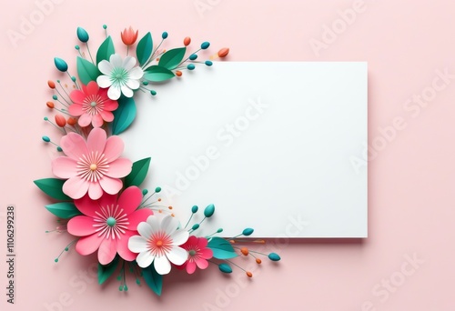Ein weißer leerer Rahmen, umgeben von rosa und weißen Blumen sowie grünen Blättern, auf einem zarten rosa Hintergrund. Ideal für Grußkarten. Generative KI.