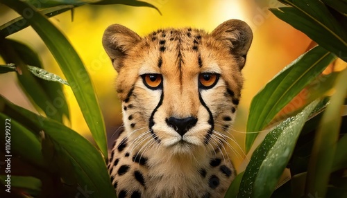  cinematic filter Cute cheetah peeking out from behind large leaves in the jungle, hyperreal