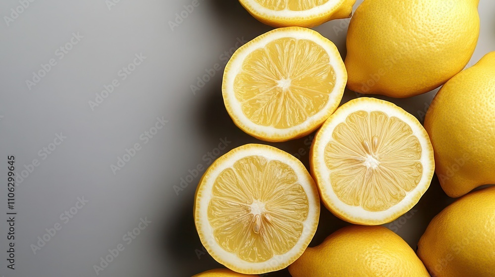 A corner of a neutral gray background with bright yellow lemons, cut in half to reveal their zesty texture and vitamin C richness, leaving plenty of room for copy. A corner of a neutral gray background with bright yellow lemons, cut in half to reveal their zesty texture and vitamin C richness, leaving plenty of room for copy.