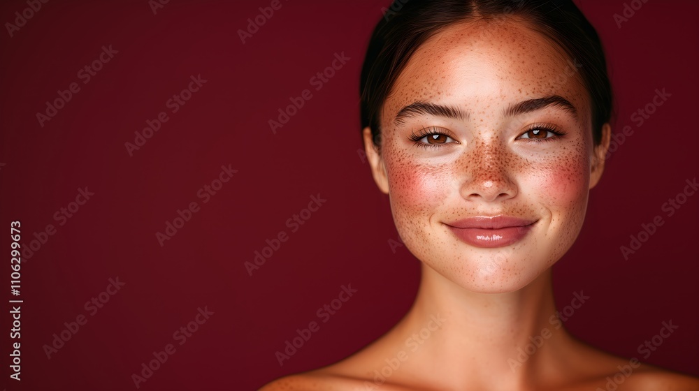 Asian model with freckles and glowing skin on burgundy background. Horizontal banner for beauty brand, cosmetic campaign, dermatology clinic, skincare marketing, authentic beauty content, copy space Asian model with freckles and glowing skin on burgundy background. Horizontal banner for beauty brand, cosmetic campaign, dermatology clinic, skincare marketing, authentic beauty content, copy space