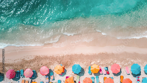 sea ​​background, top view of the beach with bright beach areas standing on the sand along the surf line. vacation on the beach