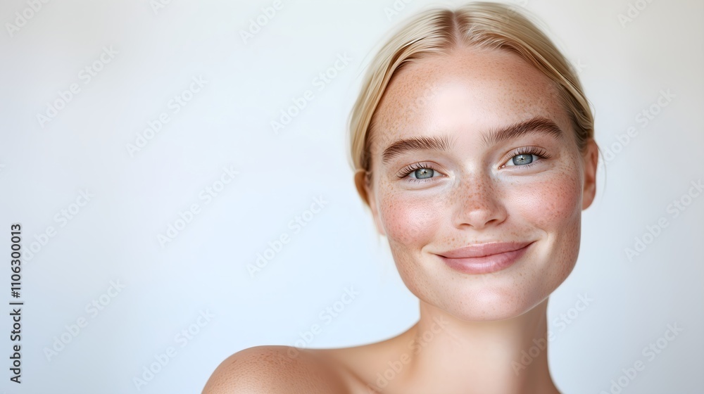 Caucasian woman with glowing skin on white background. Horizontal banner for beauty brand, cosmetic campaign, dermatology clinic, skincare marketing, authentic beauty content, copy space Caucasian woman with glowing skin on white background. Horizontal banner for beauty brand, cosmetic campaign, dermatology clinic, skincare marketing, authentic beauty content, copy space