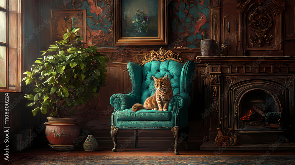 A feline sits on a cerulean armchair in a chamber adorned with a wooden hearth and a verdant potted ornament. Verdant. Illustration A feline sits on a cerulean armchair in a chamber adorned with a wooden hearth and a verdant potted ornament. Verdant. Illustration