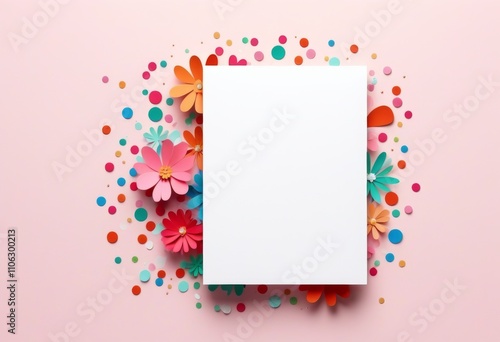 Ein fröhliches Design mit einer weißen Karte, umgeben von bunten Papierblumen und Konfetti auf rosa Hintergrund. Perfekt als Mockup für Geburtstags- oder Festtagskarten. Generative KI.