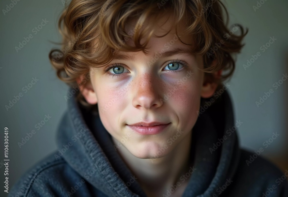 A young boy from Russia gazes directly at the viewer with captivating grey eyes. His tousled hair frames his face, and he wears a cozy dark hoodie. Rosy cheeks, piercing serious look. Generative AI. A young boy from Russia gazes directly at the viewer with captivating grey eyes. His tousled hair frames his face, and he wears a cozy dark hoodie. Rosy cheeks, piercing serious look. Generative AI.
