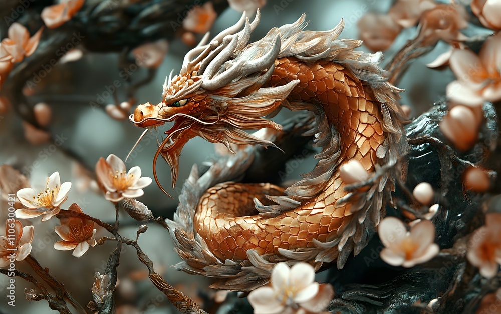 Obraz premium A majestic dragon intertwined with delicate cherry blossoms, symbolizing power and beauty in harmony with nature.