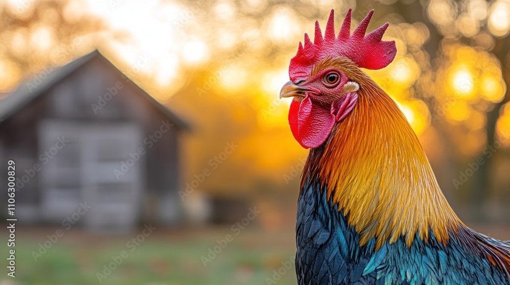 Rooster at sunrise near barn. Rooster at sunrise near barn.