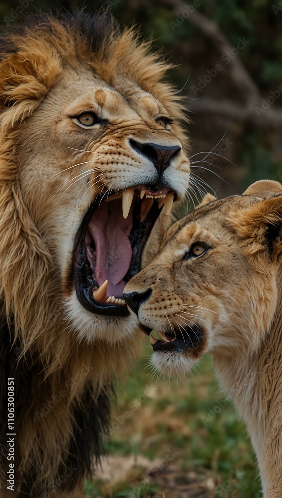 Fototapeta premium Lion and lioness roaring at each other.