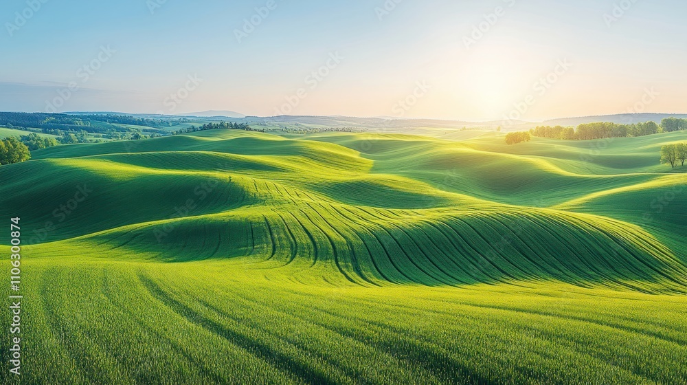 Obraz premium Rolling green hills at sunrise.