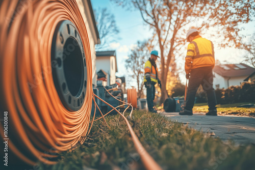 Construction Workers Laying Fiber Optic Cable Outdoors 