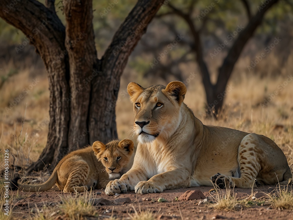 Obraz premium Lion pride resting with a cub digging nearby in Greater Kruger.