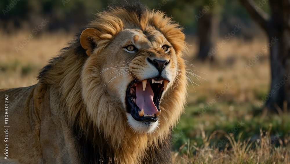 Fototapeta premium Lion roaring in the wild.