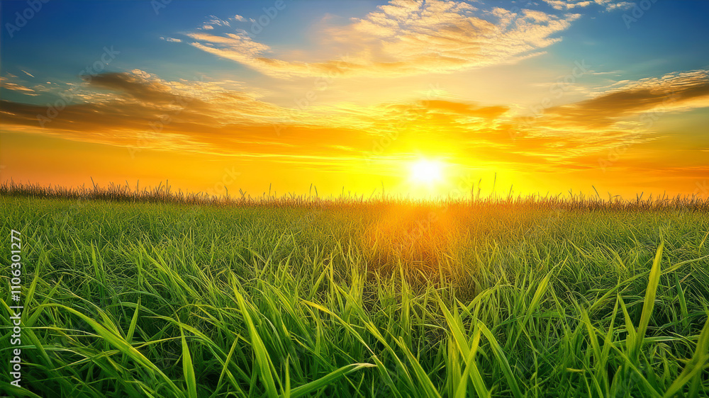 Golden Sunlight Kisses the Green Grass in a Tranquil Grassy Field at Sunset, Inviting a Sense of Peace and Serenity Golden Sunlight Kisses the Green Grass in a Tranquil Grassy Field at Sunset, Inviting a Sense of Peace and Serenity