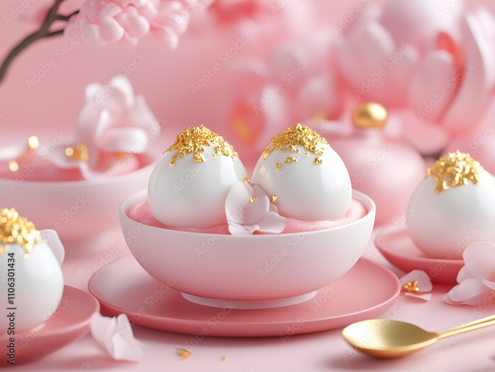 Fototapeta premium Delicate pink dessert balls adorned with gold, set against a soft pink background, evoking elegance and sweetness.